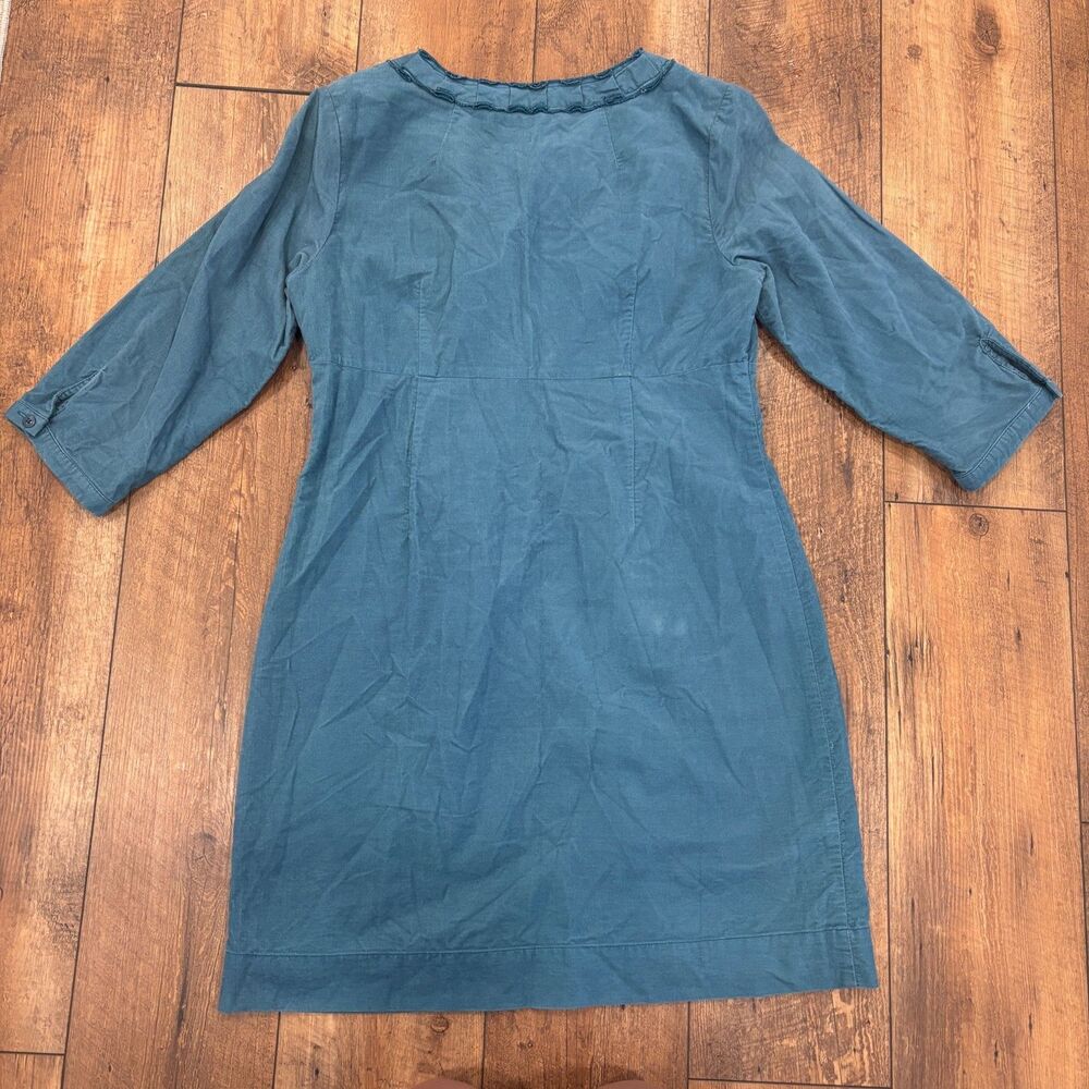 Boden Corduroy Shift Dress Womens 10 Blue Teal V Neck 3/4 Sleeve Cottagecore - Picture 4 of 7